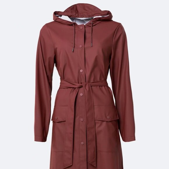 RAINS Raincoat Curve Long Belted Jacket  Maroon - Picture 1 of 14